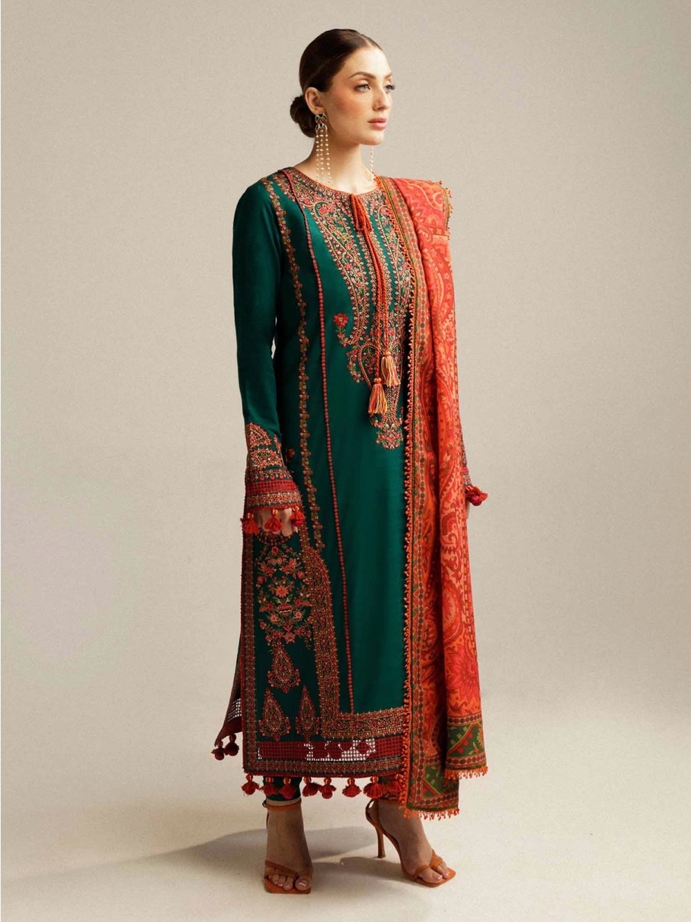 Elegant Green & Orange Embroidered Long Sleeve Dress